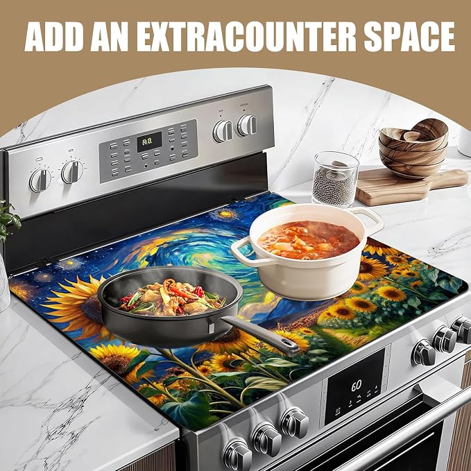 Starry Sunflower Stove Top Covers for Electric Stove, Electric Gas Stove Pad Heat Resistant Range Cooktop Protector for Home Decor Kitchen 28"x20"