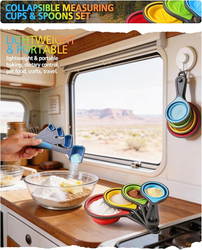Measuring Cup and Spoon Set, Collapsible Measuring Cup, 8 Piece Measuring Tools and 1 Funnel, Engraved Metric/US Markings, for Liquid and Dry Measurements, Space Saving, BPA Free Silicone, Colorful
