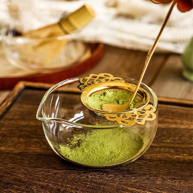 Matcha Bowl and Whisk Holder Set, Glass Matcha Bowl with Spout, Ceremonial Mixing Chawan, Clear Traditional Japanese Matcha Kit for Tea/Matcha Powder/Soup - Hammer Pattern