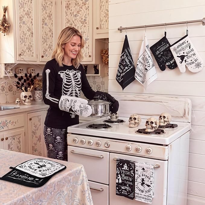 13 Pcs Halloween Kitchen Decor Set 3 Witch Kitchen Curtains Valance 2 Black Rugs and Mats 4 Towels 2 Pot Holders 2 Oven Mitts for Home Decor Cooking Grilling Housewarming Gift