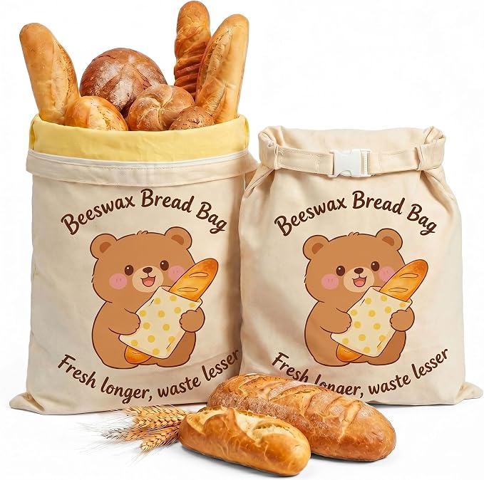 Beeswax Bread Bags for Homemade Bread - 2 Pack- Extra Large 17"×13" Reusable Sourdough Bread Bags for Storage with Zipper Closure, Keep Bread Fresh Naturally, Freezer Safe