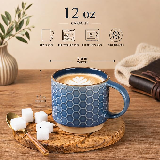 GBhome 12 OZ Stackable Coffee Mugs Set of 6, Ceramic Coffee Cups Set | 3 Assorted Designs, Embossed Mugs with Texture Patterns for Tea/Latte/Cappuccino, Dishwasher&Microwave Safe