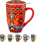 vancasso 18 Oz Tea Infuser Mug with Lid, Crimson Sunburst | Eye-Catching Bohemian Pattern, Adds Charm to Any Tea Corner, Ceramic Mug with Infuser, Microwave and Dishwasher Safe