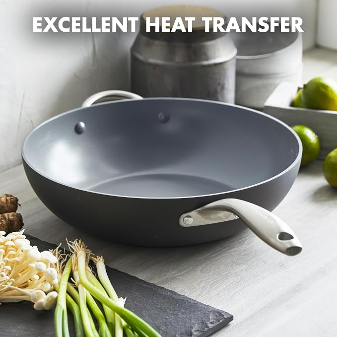 GreenPan Lima Hard Anodized Healthy Ceramic Nonstick 12.5" Wok pan with Helper Handle, PFAS-Free, Oven Safe, Gray