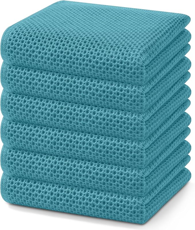 Homaxy 100% Cotton Waffle Weave Kitchen Dish Towels 6-Pack, Lake Blue | 13 x 28 Inches, Ultra Soft Absorbent Dish Towels, Quick Drying Cleaning Towels
