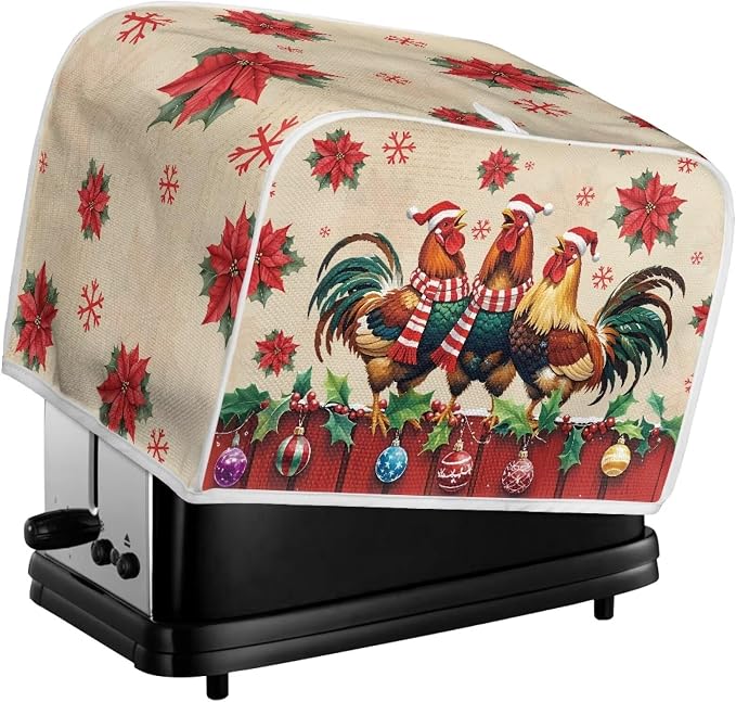 Christmas Rooster Print 2 Slice Toaster Cover Foldable Kitchen Small Appliance Cover Dust and Fingerprint Protection, Machine Washable Home Kitchen Decor Accessories
