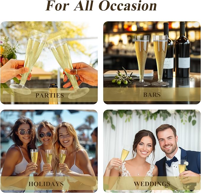 Bestluck 200Pack 4.5oz Gold Glitter Champagne Flutes Plastic | Plastic Disposable Stemware, Disposable Champagne Flutes for Party, Mimosa Bar, Wedding, Anniversary and Graduation