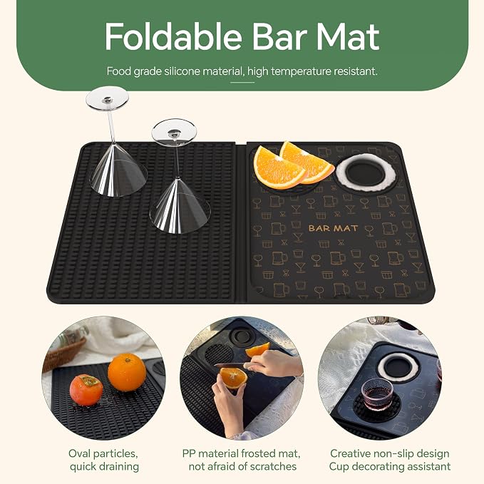 3-in-1 Folding Bar Mat with Cutting Board, 18"x12" Silicone Countertop Bar Mat for Cocktails & Bartending - Quick-Dry Design Doubles as Dish Drying Mat & Meal Prep Station, Non-Slip