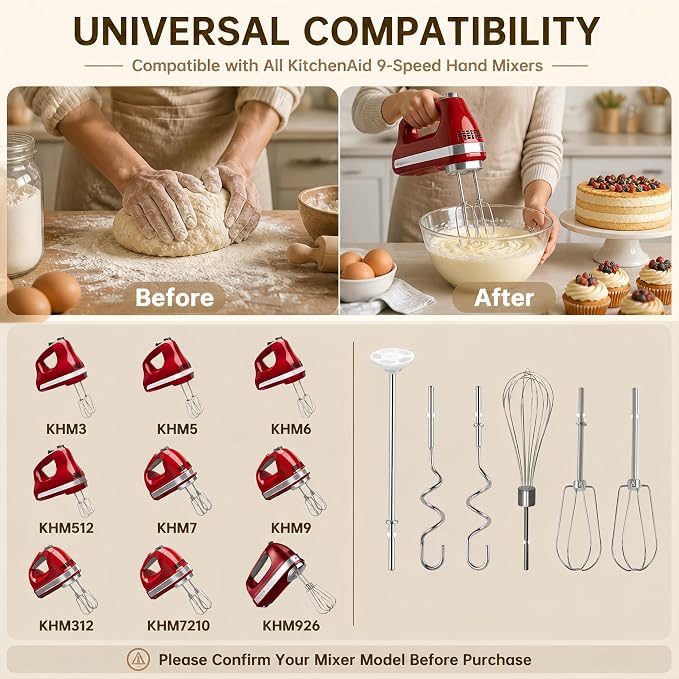 Hand Mixer Beaters Attachments Replacement for KitchenAid KHM Series | Stainless Steel Turbo Beater, Pro Whisk, Dough Hooks & Blending Rod Parts for KHM512 KHM926 KHM7210 KHM6118 (Style C, 6 Pack)
