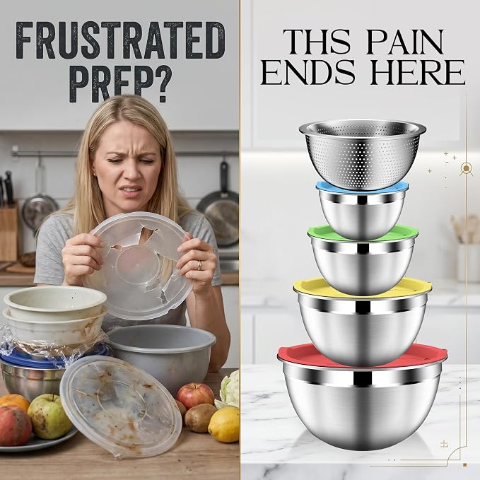 DUTZUN Colorful Mixing Bowls with Strainer, Mixing Bowl with Lids Set, Stainless Steel Mixing Bowls, Kitchen Gadgets Salad Bowls with Strainer for Mixing & Preping & Serving