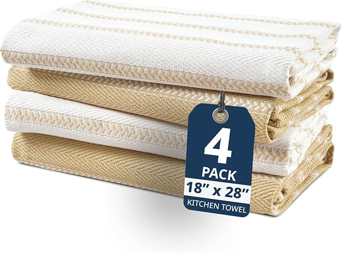 LANE LINEN Kitchen Towels Set of 4-18”x28” Absorbent Cotton Dish Towels, Quick-Drying Hand & Tea Towels for Kitchen, Light Tan