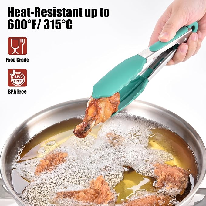 Doosu Kitchen Tongs with Silicone Tips for Cooking Serving (7in, Aqua Sky) | 600°F Heat Resistant Food Tong, Heavy Duty Stainless Steel Locking Tong for BBQ, Grilling Steak, Salad, Toast, Pasta