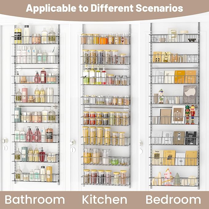 ElegantArray 8-Tier Pantry Door Organizer, Light Gray | Over The Door, Hanging Spice Rack Shelves, Home Office Laundry Room Bathroom & Kitchen, Storage Rack
