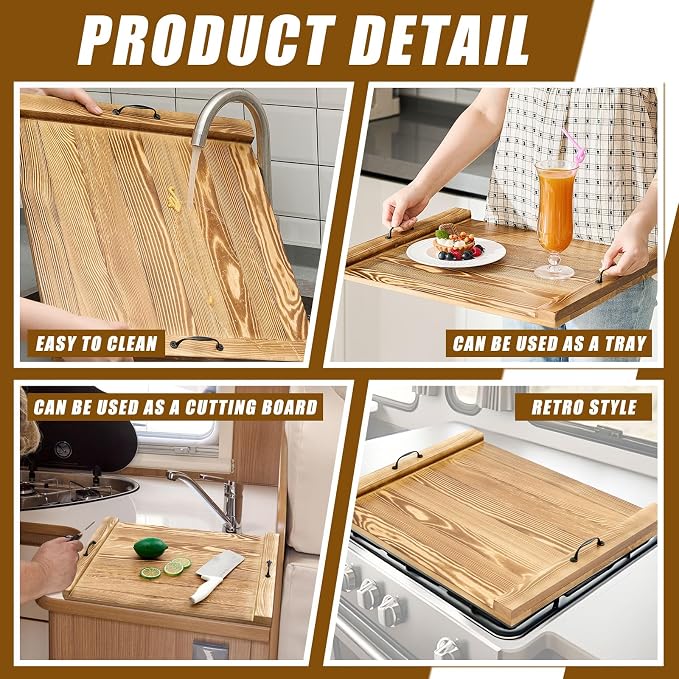Rv Stove Top Cover Board Wood Noodle Board Camper Stove Top Cover Countertop Cutting with 5 Pcs Adjustable Non-Slip Rubber Feet Leg Juice Groove for Trailer Gas Burner Kitchen(Light Brown)