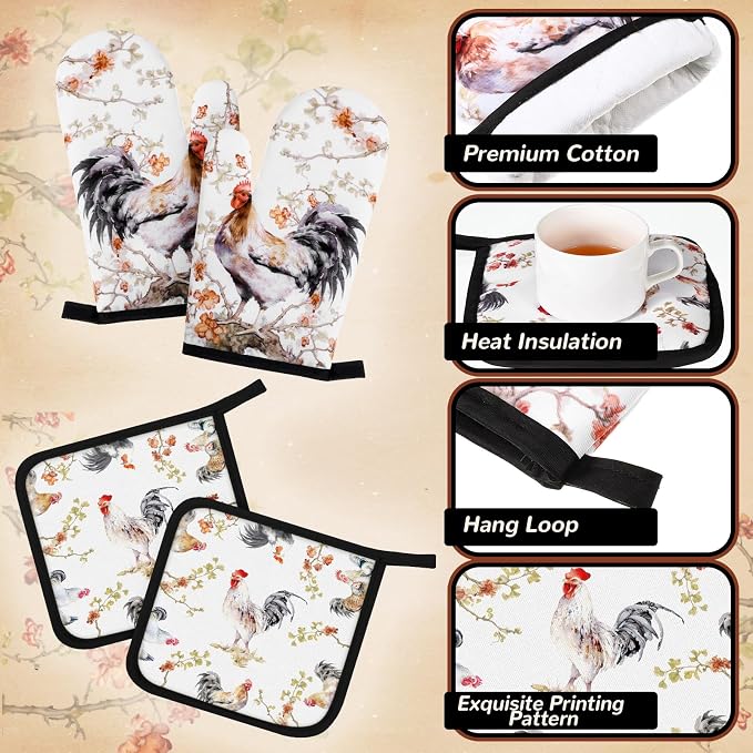 Fourluoo 10 Pcs Rooster Kitchen Dish Towels Rugs Oven Mitts and Pot Holders Set Farmhouse Kitchen Decor Set for Women Mom Daughter Gift Cooking Baking Grilling (Vintage Black White)