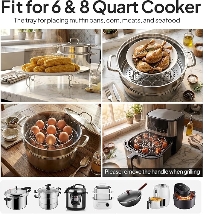 Stackable Egg Steamer Rack Holds 18 Eggs with Handles, Stainless Steel Instant Pot Trivet Fits 6qt/8qt Pressure Cooker, 2-in-1 with Skewers for Grilling