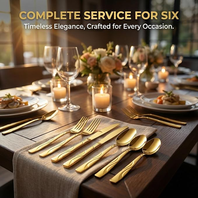 40-Piece Gold Flatware Set for 8 | Grade 430 Stainless Steel Golden Silverware Set, Cutlery Set, including Fork Spoon Knife, Dishwasher Safe