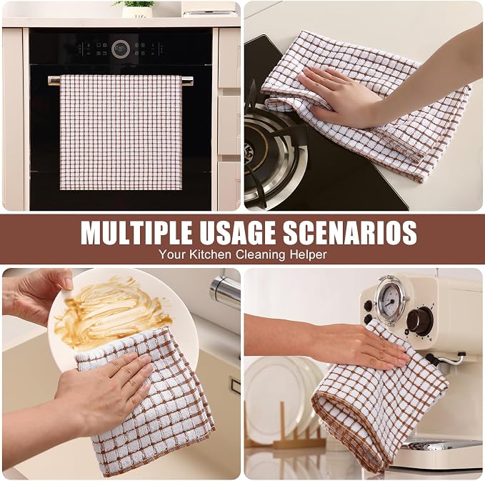 Mordimy Premium Cotton Kitchen Towels 16"x 25", Brown Check Design, 8 Pack | Super Absorbent Terry Kitchen Hand Towels, Large Natural Ring Spun 360 GSM Dish Towels, Soft Tea Towels with Hanging Loop