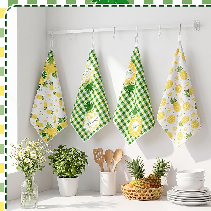 4 Pcs Pineapple Kitchen Towels, Green Grid Dish Towels Gift | Fast Drying Absorbent Dishcloths with Hanging Loop for Cleaning Cooking Baking, Farmhouse Kitchen Decor Housewarming Gift