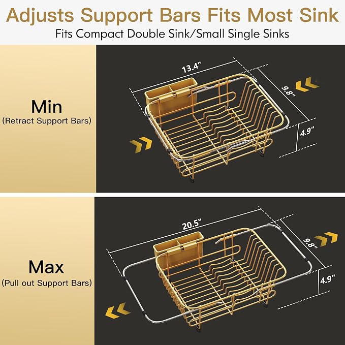 JASIWAY Gold Dish Drying Rack in Sink with Utensil Holder, RV, Apartment | Over Sink Expandable Stainless Steel Dish Drainers for Compact Kitchen, Space Saving, Fast Drain, Rustproof, For 1-2 people
