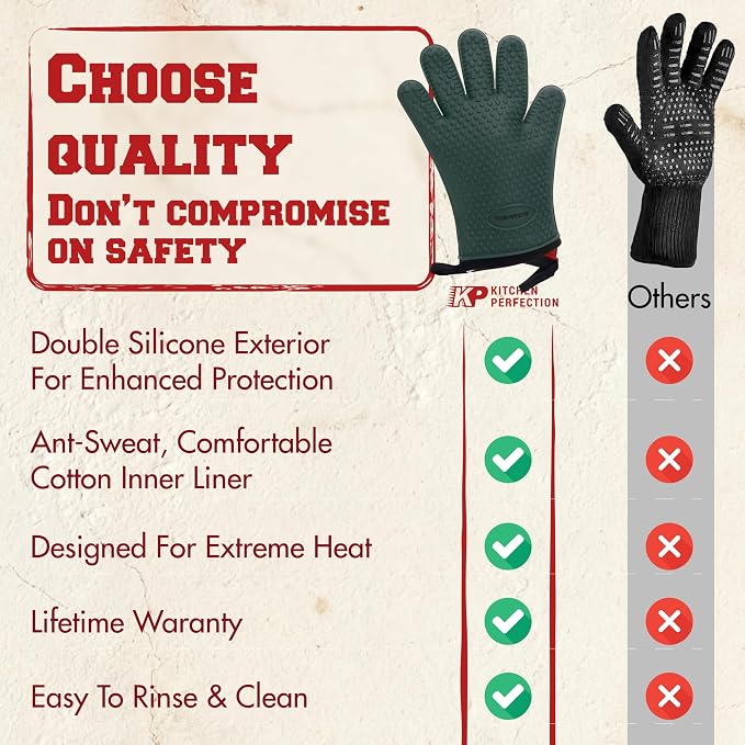 KITCHEN PERFECTION XL Silicone Pizza Oven Gloves Heat Resistant Oven Mitts | Waterproof, 5-Finger Design For A Better Grip, for Outdoor & Indoor Pizza Ovens, Compatible with Ooni, Ninja, Gozney & More