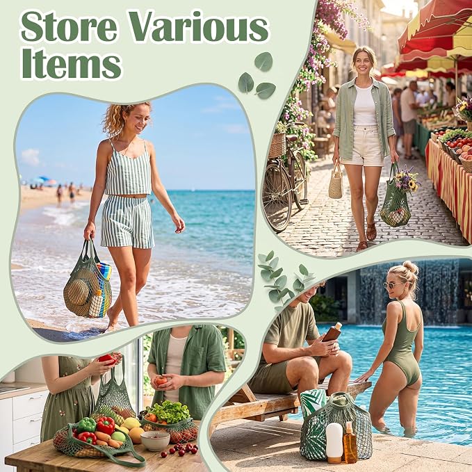 Woanger 24 Pcs Green Short Handle Reusable Cotton Mesh Produce Shopping Bags Washable Grocery Net Portable Fruit and Vegetable Cotton String Bags Net Tote Organizer