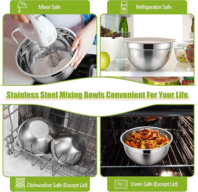 P&P CHEF Stainless Steel Mixing Bowls with Lids, Set of 3, Khaki | Nesting Salad Bowl, Sturdy& Rust Proof, Airtight & Stackable, Suit for Mixing, Storing, Prepping, 3 Size - 4.6/3 /1.5 QT