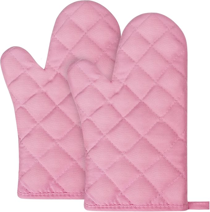 AUAUY Pink Oven Mitts, 1 Pair Kitchen Mittens, 392°F Heat Resistant | Oven Gloves Non-Slip Kitchen Gloves for Oven, BBQ Gloves-Oven Mitts Infill Cotton Cooking Gloves for Oven Grilling Baking