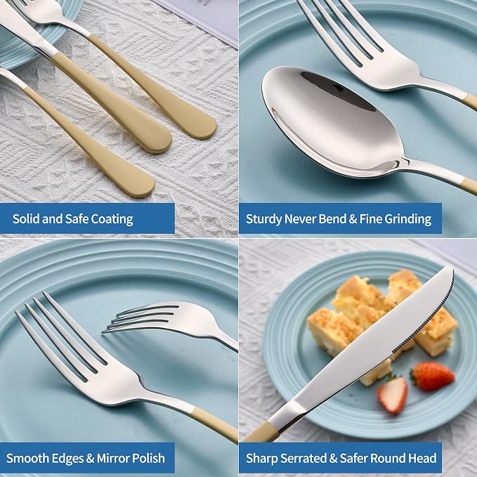 20-Piece Cream Color Silverware Set, 18/0 Stainless Steel Cream Color Handle Flatware Set, Service for 4,Modern Cutlery Set Includes Dinner Knives Forks Spoons,Mirror Polished,Dishwasher Safe