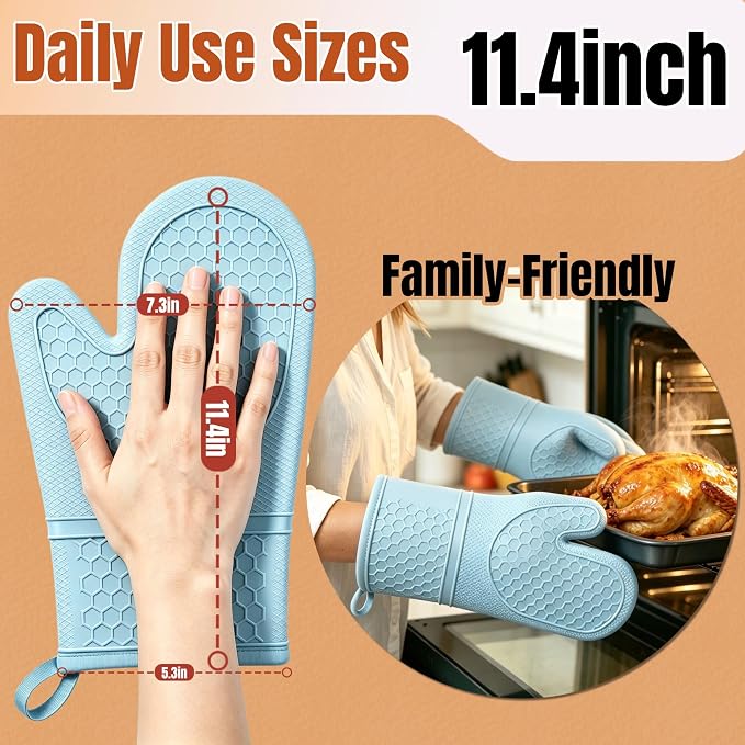 Silicone Oven Mitts 2-Pack, Heat Resistant Non-Slip Grip Gloves, Green