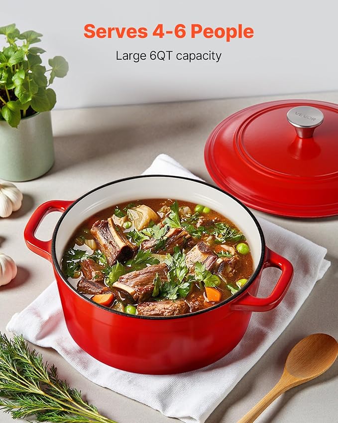VEVOR Enameled Cast Iron Dutch Oven, 6 Quart Pot with Lid and Dual Handles, Heavy-Duty Durable Cookware Pan, Oven Induction Compatible up to 500℉, for Braising, Stews, Roasting, Bread Baking, Red