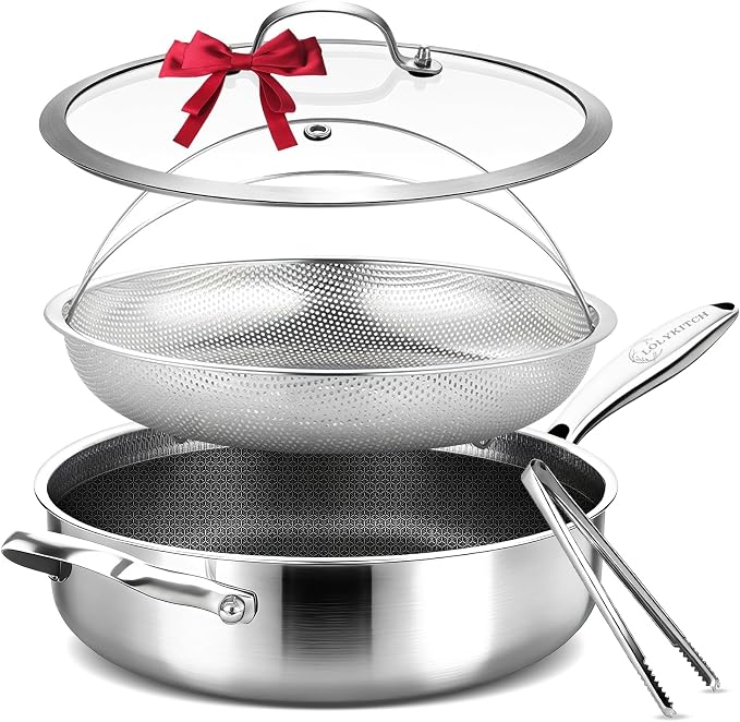 12 Inch Nonstick Deep Skillet with Lid, Fry Basket & Tongs | 5.5-Quart | Hybrid Sauté Pan with Lid | Tri-Ply Stainless Steel Large Frying Pan with Steam Insert, Works on All Cooktops