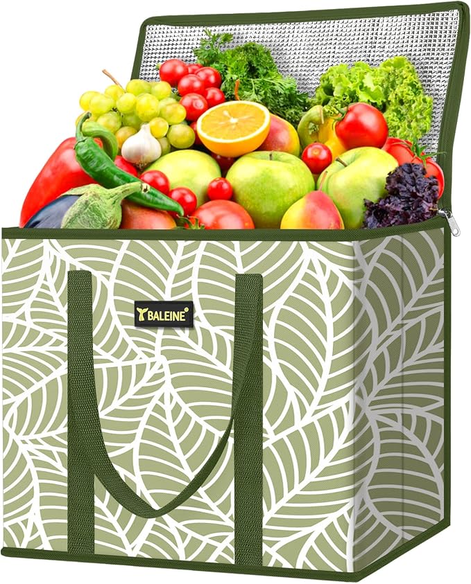BALEINE 1PK Insulated Reusable Grocery Bag, Heavy Duty Shopping Tote | Foam & Foil Insulation, 9" Long Handles, Reinforced Bottom Keeps Upright, Fold Flat Storage, Water-Resistant Shopping Bag