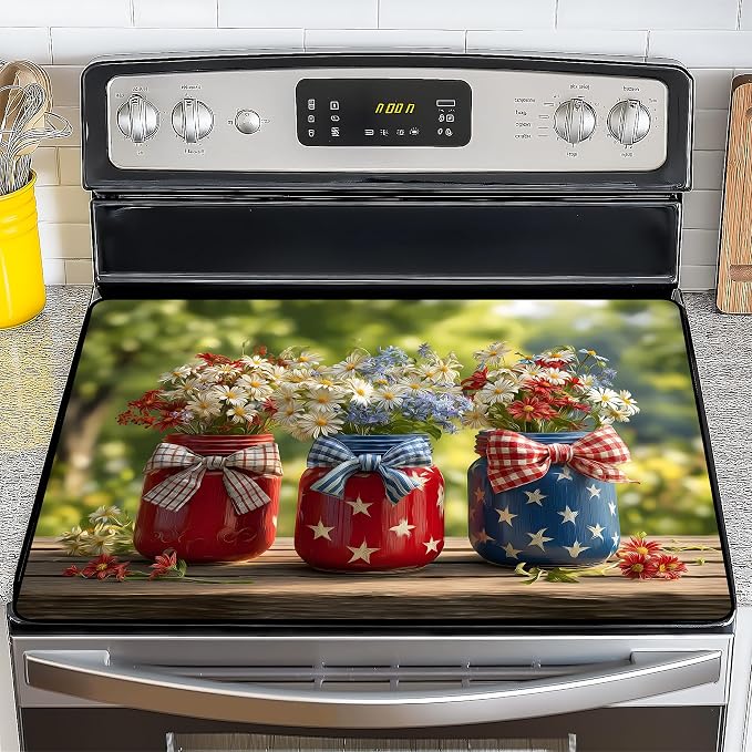 NYZE Patriotic Stove Top Covers for Electric Stove 28x20 Heat Resistant Decorative Red White Blue Stovetop Cover Decorative Flat Top Protector for Kitchen Counter | Independence Day Patriotic Jars Stovetop Protector, Glass Flat Top Cover and Dish Dryin...