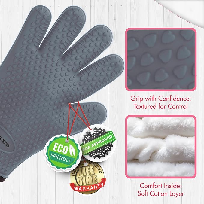 KITCHEN PERFECTION Silicone Smoker BBQ Gloves - Heat Resistant Oven Mitts | Made For Women, Waterproof, 5-Finger Design For A Better Grip, For Meat Smoking, Grilling, Cooking, Frying Turkey, Grill Gift