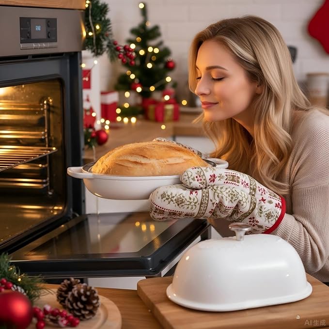 Cast Iron Bread Oven,6 QT Bread Oven,Thick Enameled Loaf Pan with Lid,Bread Pans for Homemade Bread,14.5"Dutch Oven for Bread Baking,Dutch Oven-with Silicone Baking Mat&Recipe,Gifts for Family,White