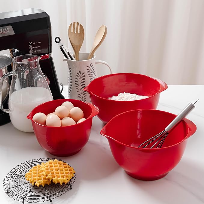 Mixing Bowls Set, 3 Piece Melamine Nesting Bowls with Pour Spout, Non-Slip Base, Great for Prepping, Baking, Mixing Cooking, BPA free and Dishwasher Safe, Red