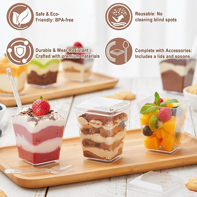 100 Pcs 5 oz Plastic Dessert Cups with Lids and Spoons, Clear Square Mini Dessert Cups for Pudding, Fruit, and Ice Cream, Yogurt Appetizer Cups for Party