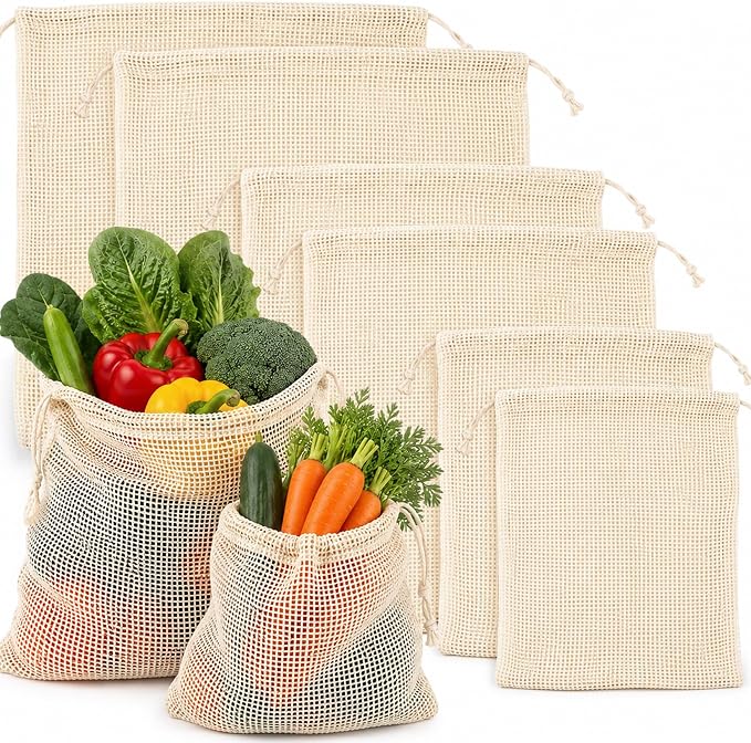 MAQIHAN Reusable Cotton Mesh Produce Bags - 6 Pack Mesh Storage Produce Bag | Durable Double Stitched Bags with Drawstring for Vegetables, Fruit and Grocery Shopping, 2L, 2M and 2S