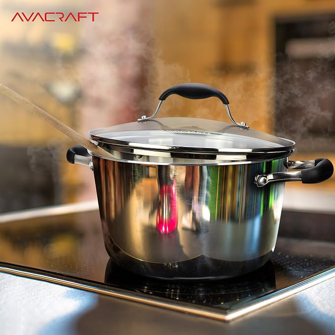 AVACRAFT 5 Quart Tri-Ply 18/10 Stainless Steel Dutch Oven | Full Tri-Ply Body, Tempered Glass Lid, Induction Compatible, Oven Safe, Dishwasher Safe, Even Heat Distribution