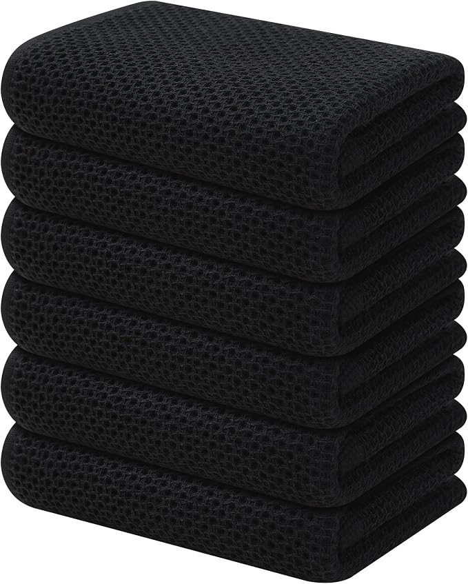 Kitinjoy 100% Cotton Waffle 6-Pack Kitchen Towels, 13" x 28", Black | Super Soft, Ultra-Absorbent, Fast Drying, lightweight, Quick Drying Kitchen Hand Towels