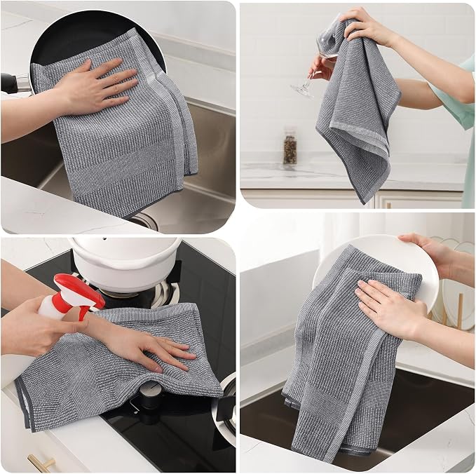 Mordimy Premium Large Cotton Kitchen Towels (18"x 28", 3 Pack), Grey | 100% Ring Spun Cotton, Super Absorbent, 380 GSM, Flat & Terry, Soft, Hanging Loop Dish Towels