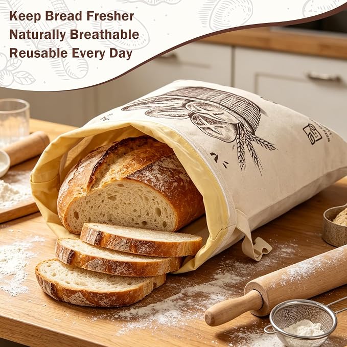 Beeswax Bread Bag with Loaf Label Holder & Reusable Writable Card | Included User Manual & Care Instructions,Waterproof Zipper Closure,Roll-Top Buckle Design,Sourdough Homemade Bread Storage