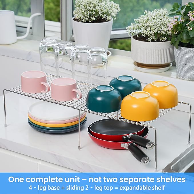 Tomorotec Expandable Kitchen Cabinet Organizer Stainless Steel Shelf Silver | Adjustable from 12.8 to 22.8 Inches Rustproof with Anti-Slip Feet for Pantry Bathroom Closet and Countertop Organization