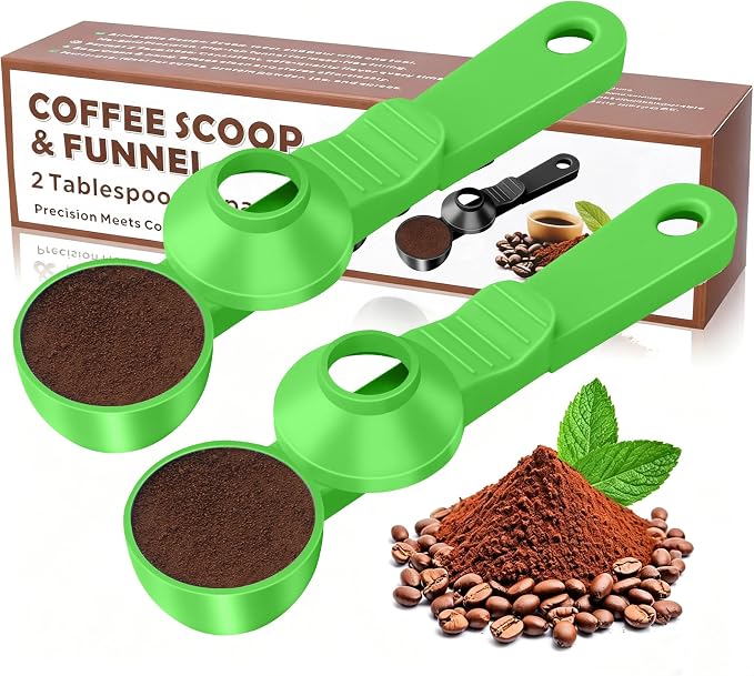 2-in-1 Coffee Scoop with Funnel, 2 Tbsp Measuring Spoon for Reusable K Cups, Ground Coffee, Protein Powder & Tea, Mess-Free Plastic Design（Green-2pack）