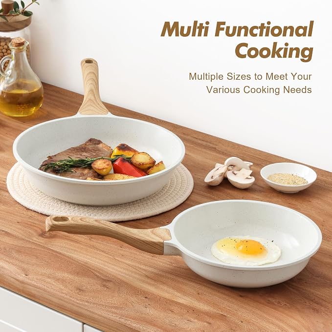 SENSARTE Ceramic Nonstick Frying Pan Skillets, White (8+10 Inch) | Healthy ceramic nontoxic coating, PTFE & PFAS free. Compatible with all stoves including induction cooktops. Easy to clean.