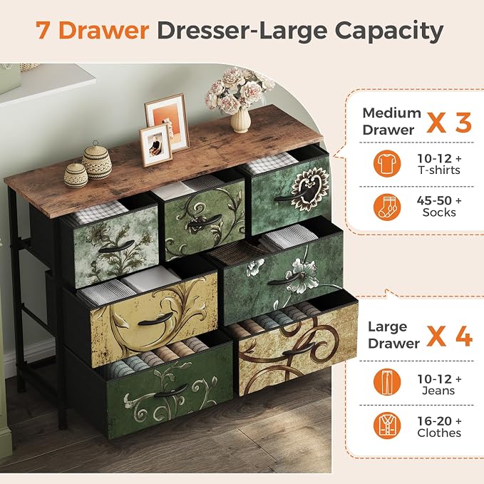 Sweetcrispy 7 Drawer Dresser for Bedroom Storage, Fabric Bins, Floral Print | Anti-Tip Closet Organizer, Wooden Top and Sturdy Steel Frame, Spacious Drawers for Clothes Storage, Hallway Entryway