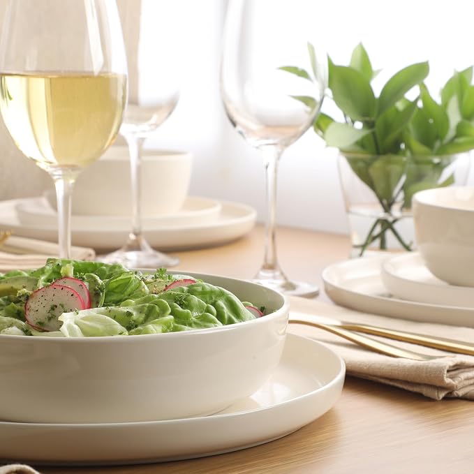 Gibson Home Serenity 16 Piece Modern Porcelain Dinnerware Set for 4, Linen White Plates and Bowls Set, Dinner Plates, Salad Plates, Pasta Bowls, Cereal Bowls