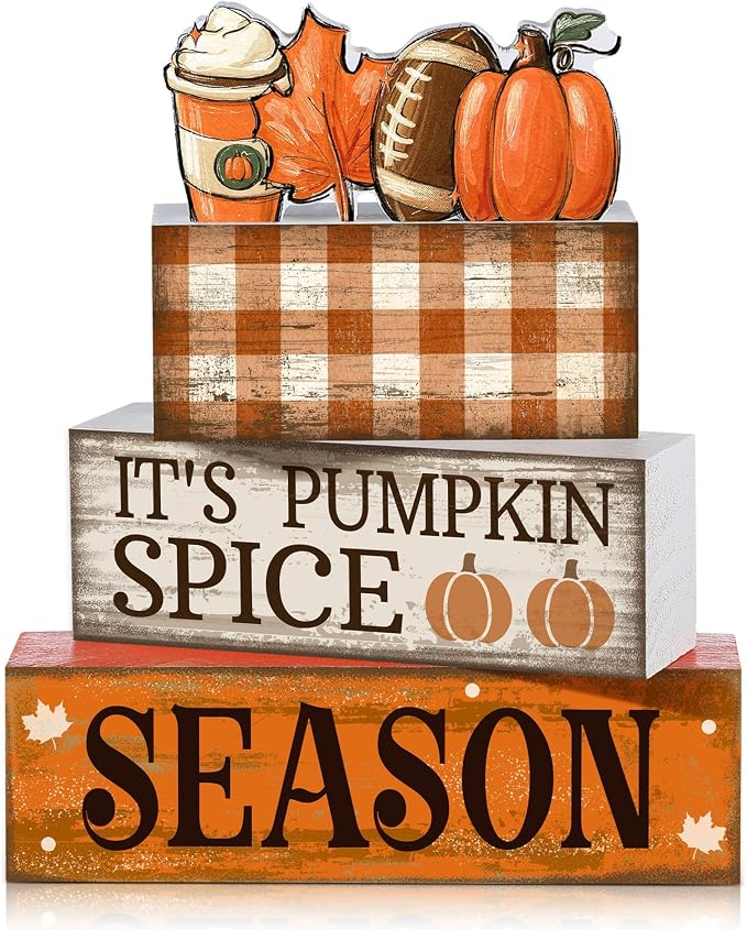 Fall Football Decorations For Home Thanksgiving Coffee Bar Table Decor | Rustic Home Tabletop Decor, Pumpkin Spice Falling Leaves Apple Cider Autumn Theme, Stackable Wooden Blocks Gift Idea Set