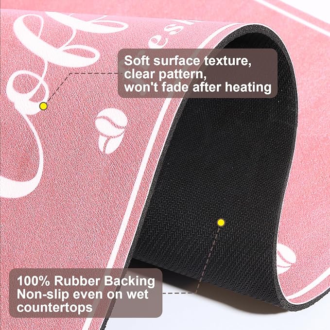 CooRug Fashion Coffee Mat, Dish Drying Mat 16" x 24" Pink | Hide Stain, Absorbent, Coffee Bar Accessories, Heat Resistant, Non-slip, Eco-friendly, Easy to Clean